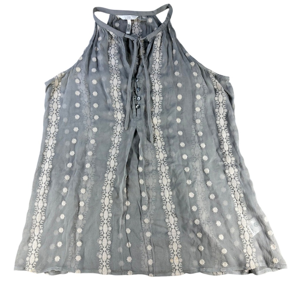 Zoa New York Sheer Silk Boho Tank Top Gray Embroidered Tie Neck Womens Large